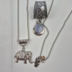 Lot 3 Vtg Necklaces Elephant Owl Dragonfly Pendant Boho Whimsical Animal Jewelry